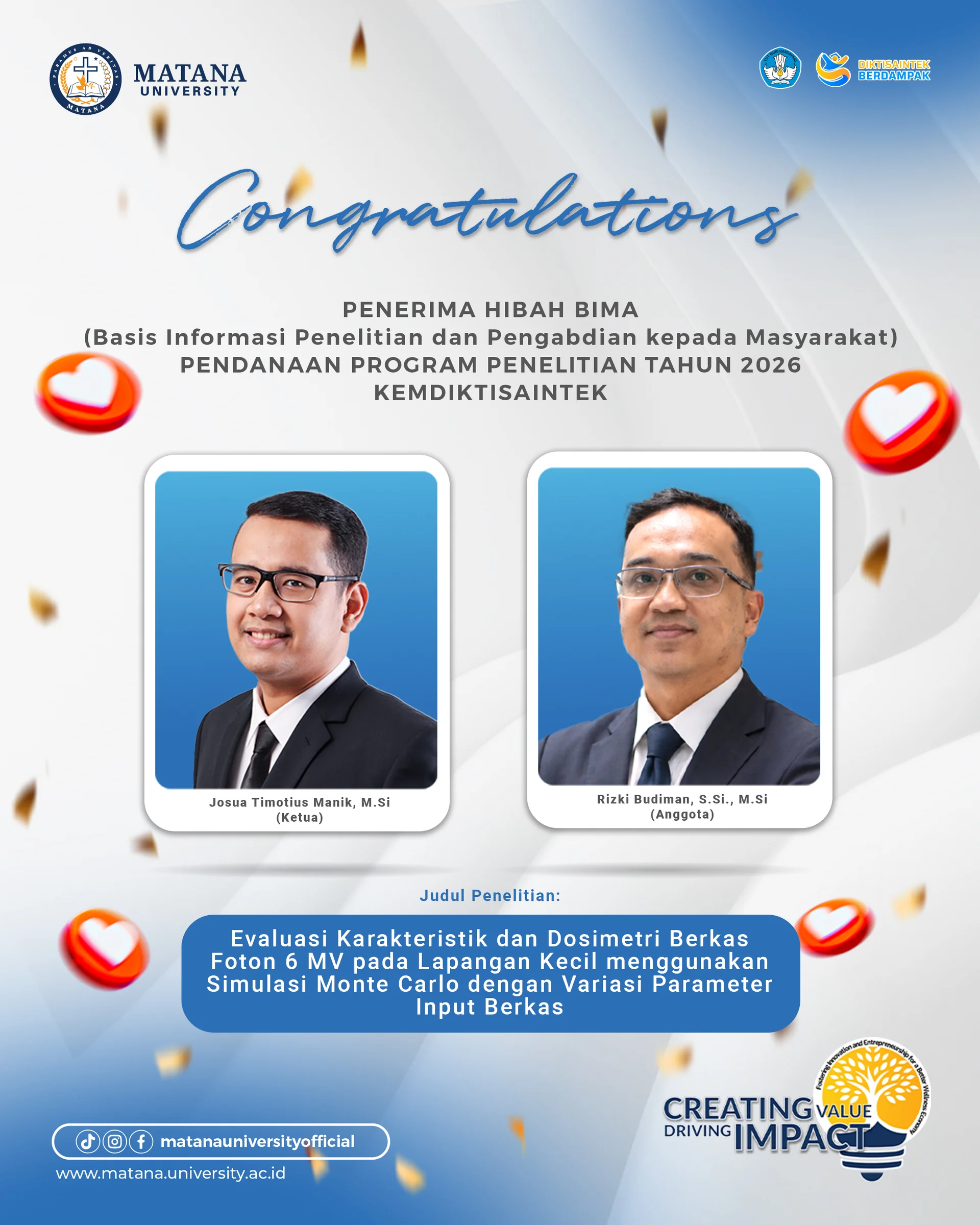 Jajaran Dosen Matana University Raih Pendanaan Hibah BIMA Kemendiktisaintek Tahun 2026